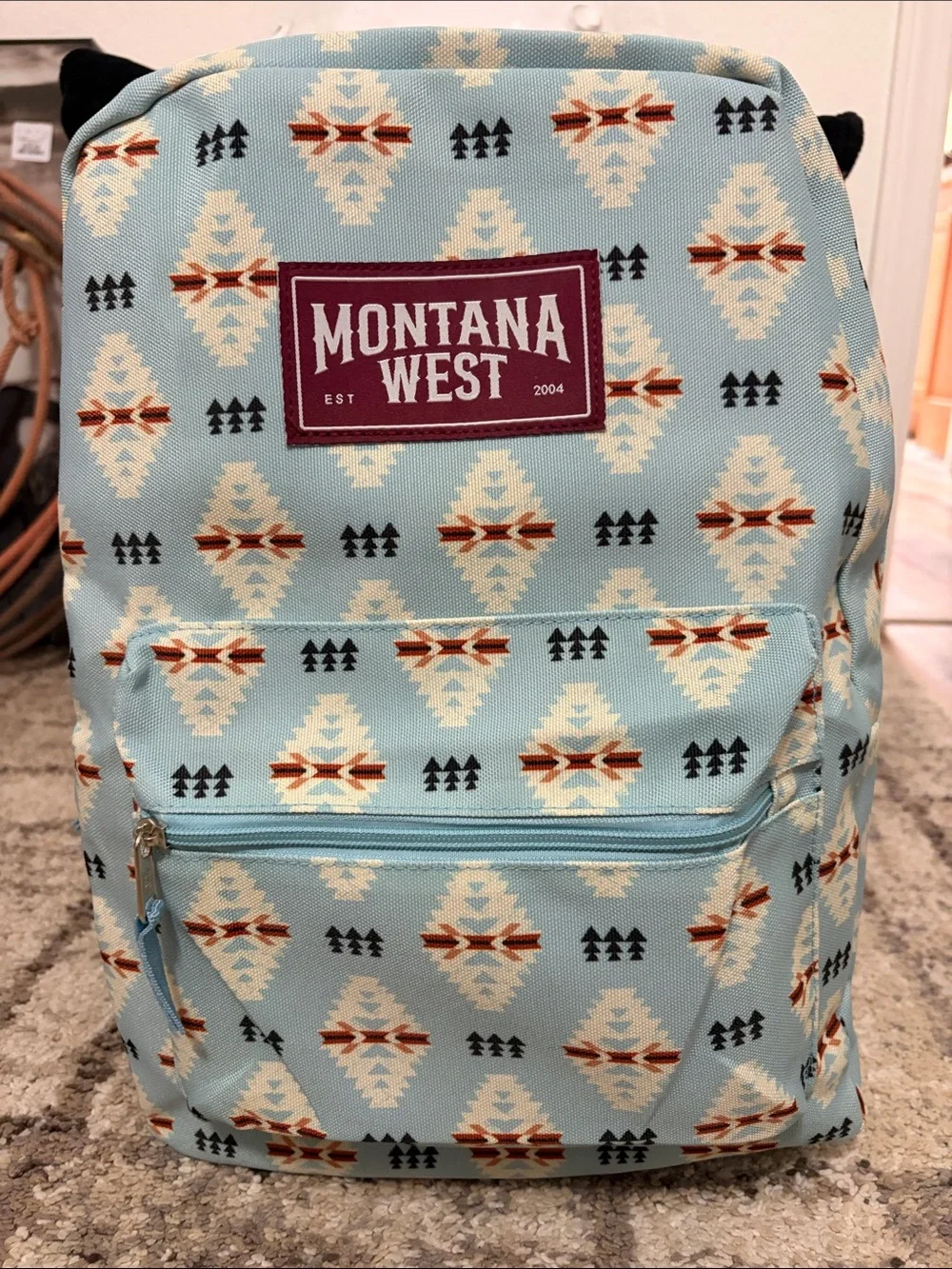 Montana West Light Blue Aztec Pattern Backpack with Burgundy Logo Patch
